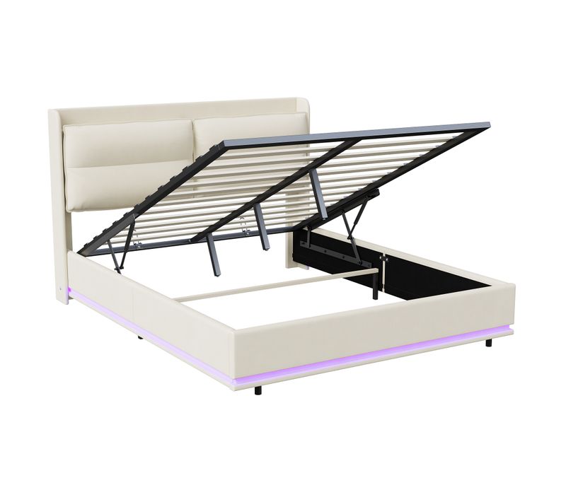 Lit Rembourré 160 X 200 Cm Avec Sommier à Lattes Et LED, Avec Port USB Et Rangement, Beige