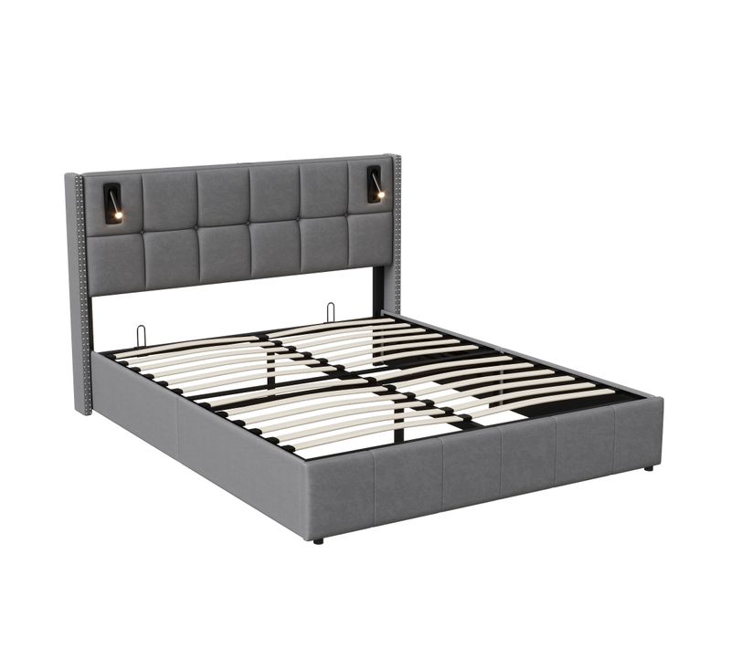 Lit Coffre 140x200 Avec Rangement, Lit Capitonné LED Avec USB Et Type-c Lit, Lit Double, Gris