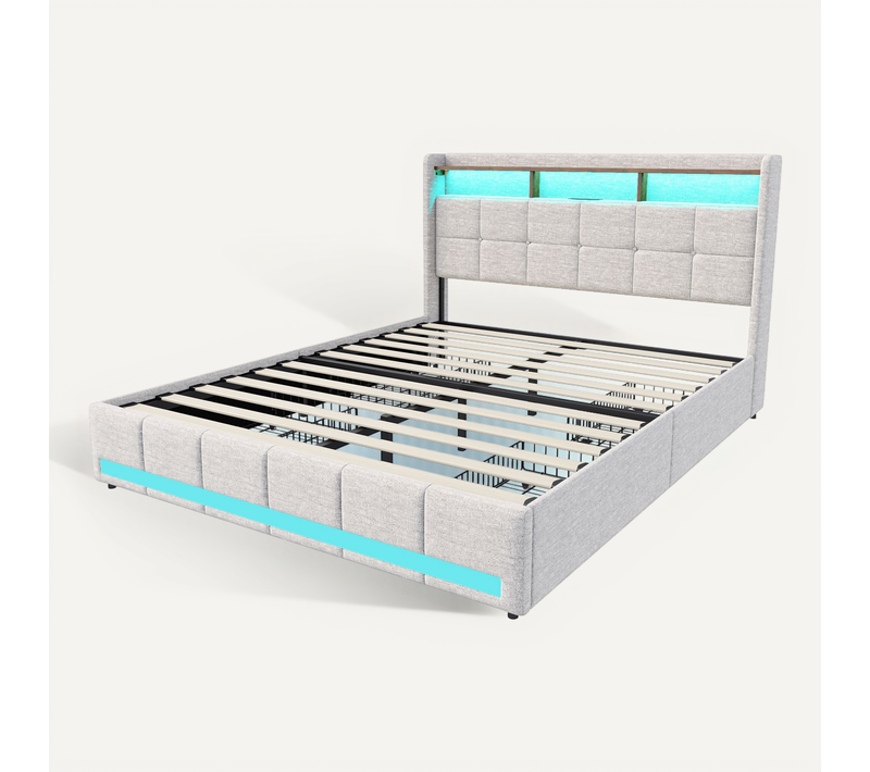 Lit Double 140x190 Avec Sommier, LED Et USB, 4 Tiroirs Et Tête De Lit De Rangement, En Lin, Beige