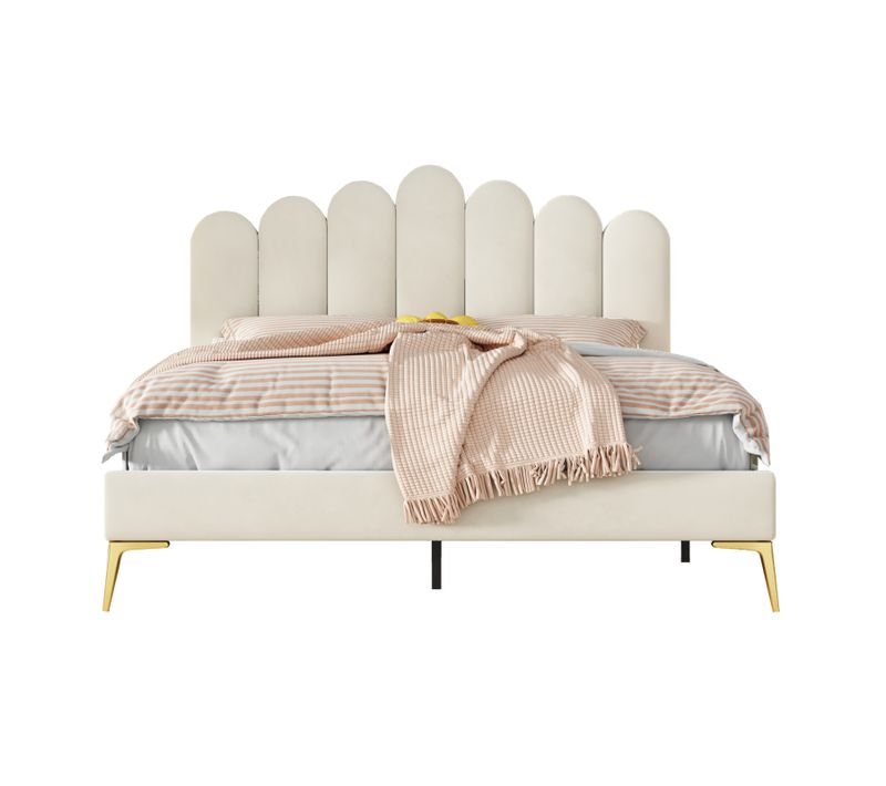 Lit Double Rembourré 140 X 200 Cm Avec Tête De Lit Et Sommier à Lattes, Pour Adulte, Velours, Beige