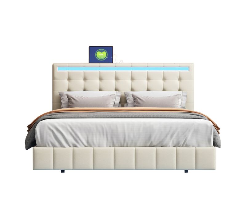 Lit 160 X 200 Cm Avec Éclairage LED Et Tête De Lit Réglable, Sommier à Lattes, Tissu En Lin, Beige