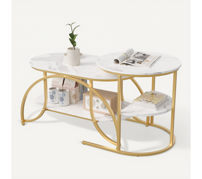 Lot De 2 Tables Basses Gigognes, Table Basse Ronde En Marbre, Tables D'appoint Ronde, Doré + Blanc