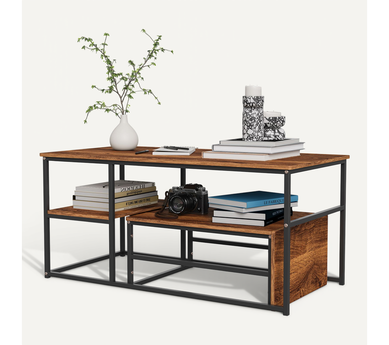 Lot De 2 Tables Basses Gigognes, Table Basses Rectangulaires Amovibles, Cadre En Métal, Bois-foncé