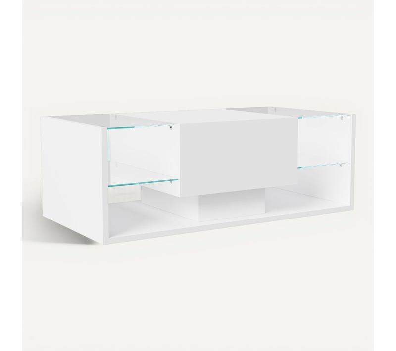 Table Basse Flottante LED Blanche 100 X 50 X 35 Cm, Plateau En Verre Trempé, Haute Brillance