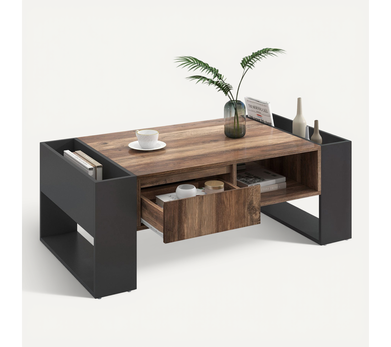Table Basse Avec Compartiments De Rangement Double Face Table De Canapé De Salon, Bois + Gris Noir