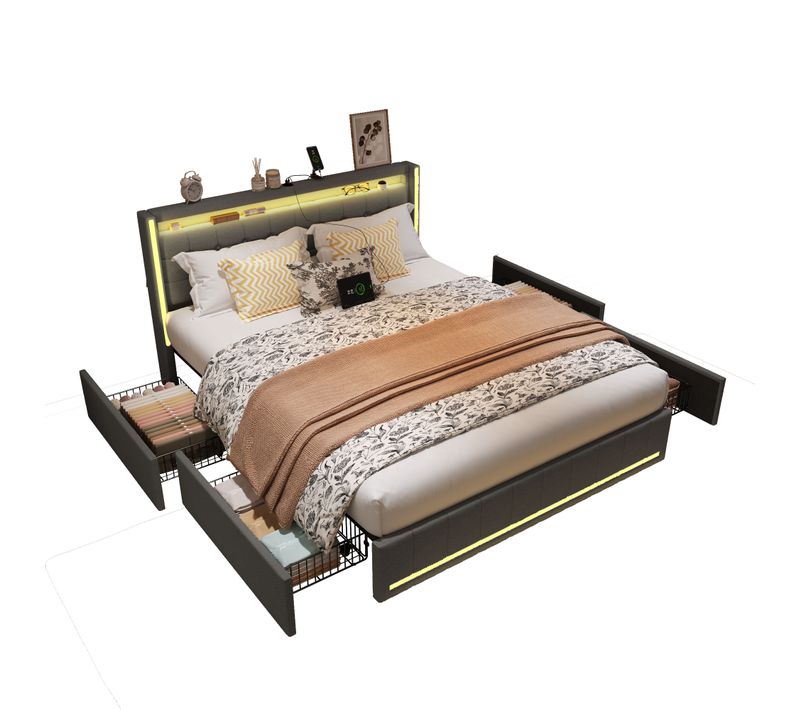 Lit Double 180x200cm Avec LED Et Charge USB, Lit 2 Personnes Avec 4 Tiroirs, Lin, Gris Foncé
