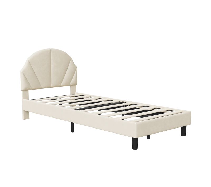 Lit Enfant Rembourré 90 X 200 Cm, Avec Tête De Lits Réglable, Sommier à Lattes, Velours, Beige