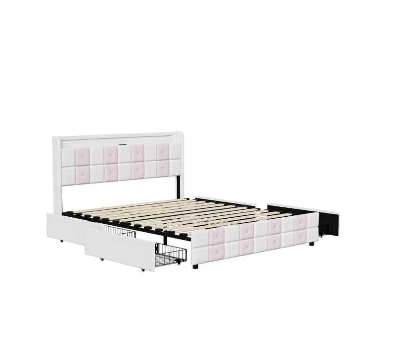 Lit Double 140x190 Cm, Velours Blanc Et Rose Avec Sommier, LED, Ports USB Et 4 Tiroirs De Rangement