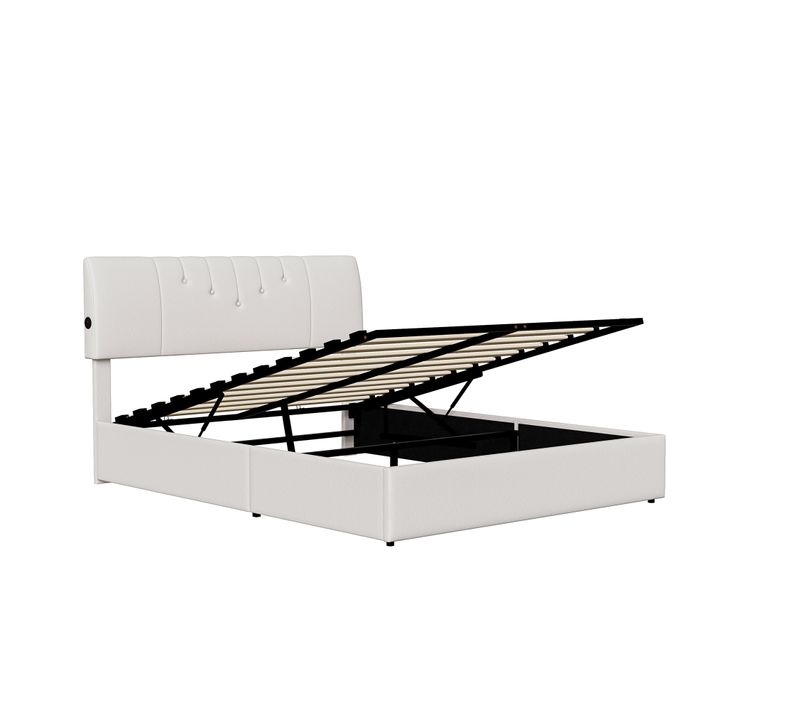 Lit à Sommier Tapissier, 140 X 190 Cm, Avec Sommier à Lattes Et Espace De Rangement, Crème