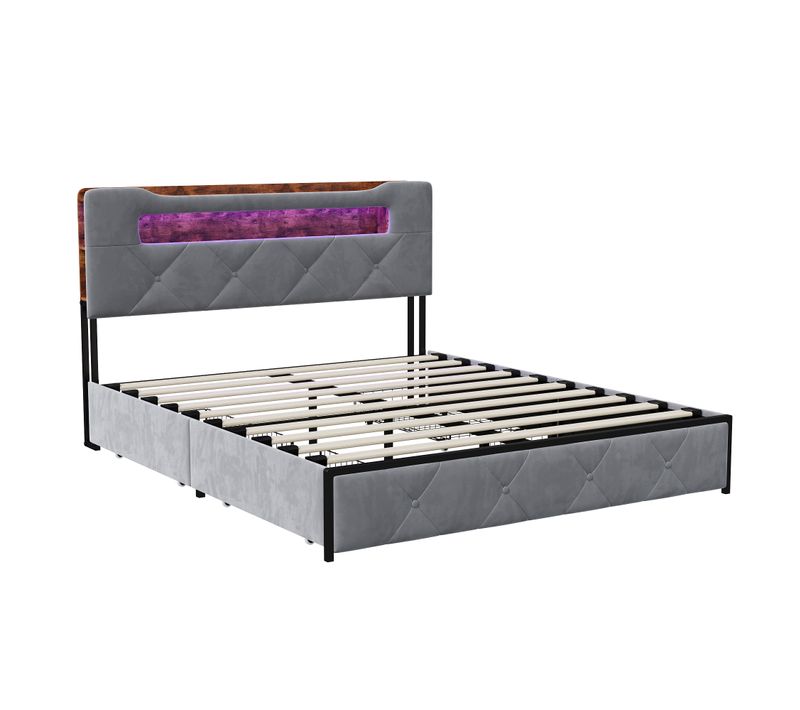 Lit 140x200 Sommier LED Et USB, Capitonné Avec 3 Tiroirs, Tete De Lit Avec Rangement, Velours, Gris