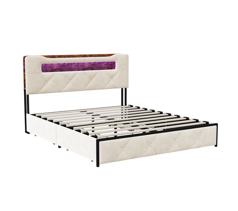 Lit 140x200 Sommier LED Et USB, Capitonné Avec 3 Tiroirs, Tete De Lit Avec Rangement, Velours, Beige