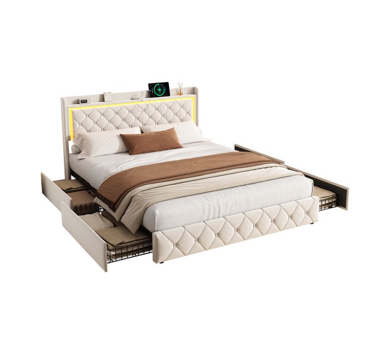 Lit Coffre 140x190 Cm Avec LED, Ports USB, Tiroirs Et Tête De Lit à Rangement, Sommier Inclus,beige