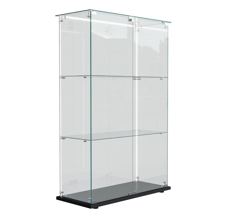 Vitrine Sur Pied En Verre - Vitrine Sur Pied Avec LED - 3 Couches - 2 Portes Et Serrure - Noir