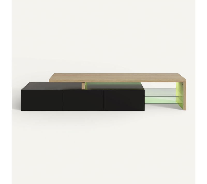 Meuble TV 200 Cm Avec LED, 3 Portes Et Étagères En Verre, Moderne Meuble Banc Tele Bas, Bois et Noir