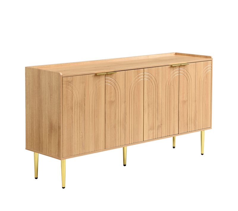 Buffet à 4 Portes Avec Pieds En Métal Doré, En Bois Naturel, 140 X 75 X 38 Cm, Pour Cuisine Ou Salon