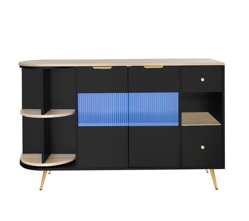 Buffet En Bois Noir Avec Portes Coulissantes En Verre Et LED, Pour Salon Ou Salle à Manger