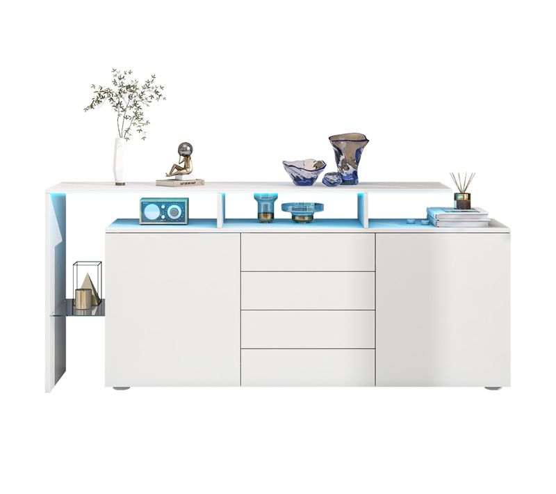 Buffet Blanc Haut Brillant Avec LED, Meuble Salon Multifonction, TV Et Rangement,160 * 35 * 70 Cm