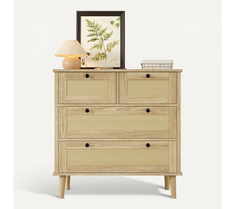 Commode 4 Tiroirs Avec Tiroirs Rotin Et Pieds Bois Massif, Pour Chambre à Coucher, Salon, 80x80x40cm