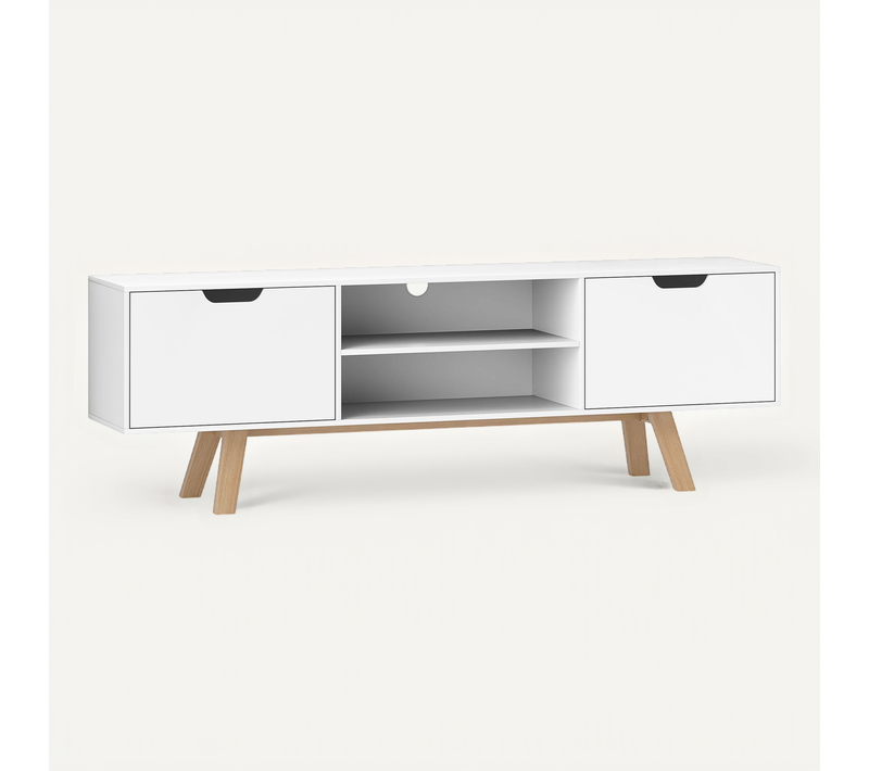 Meuble TV 150 × 39 × 50 Cm Blanc, 2 Placards Et 2 Étagères, Pour TV Jusqu'à 65", Salon