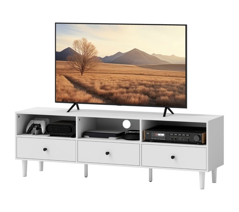 Meuble TV Bas 140 Cm Blanc, 3 Tiroirs Et 3 Niches Ouvertes, TV Jusqu'à 75", Salon