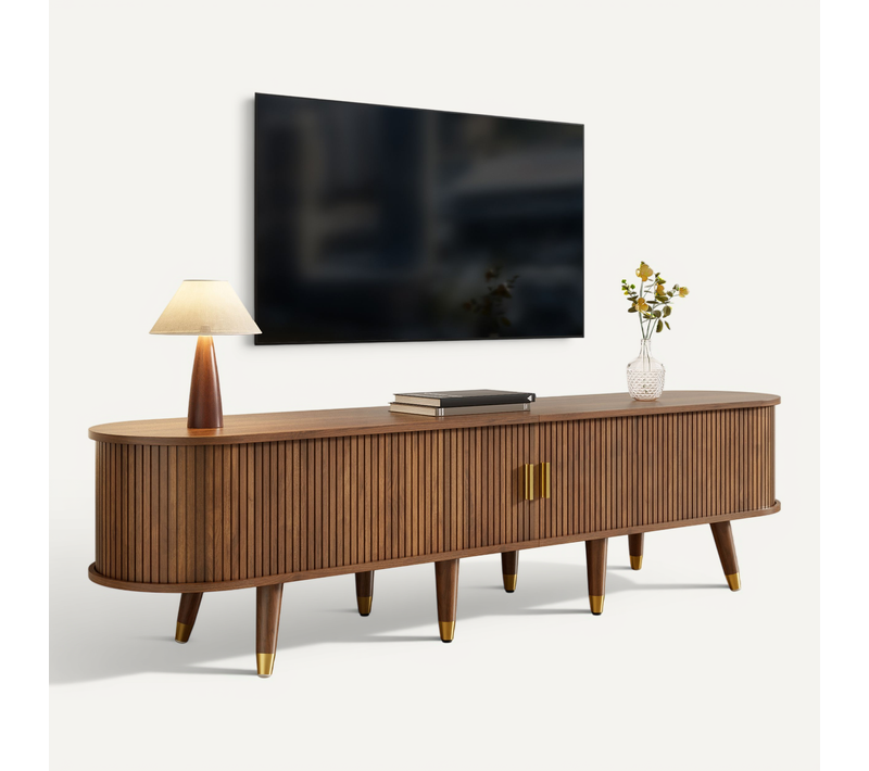 Meuble TV 175 Cm Effet Noyer Avec Porte Coulissante En Rotin, Tiroirs Et Niches Ouvertes, Salon