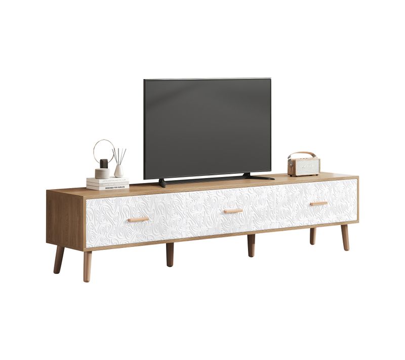 Meuble TV Bas 150 × 35 × 39 Cm Style Vintage, Bois Clair, Portes Blanches, Pour Salon Ou Chambre