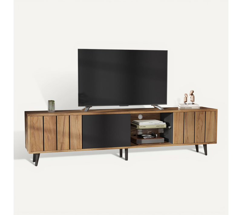 Meuble TV Bas 175×31,5×45 Cm, 3 Placards, Bois Naturel Et Noir, Lowboard Pour TV Jusqu'à 75", Salon