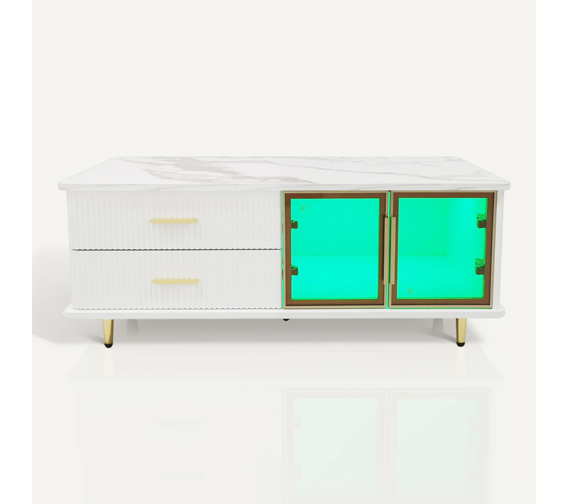 Table Basse Avec Porte En Verre Trempé, Tiroirs Ondulés, Pieds Et Poignées Dorés, Pour Salon