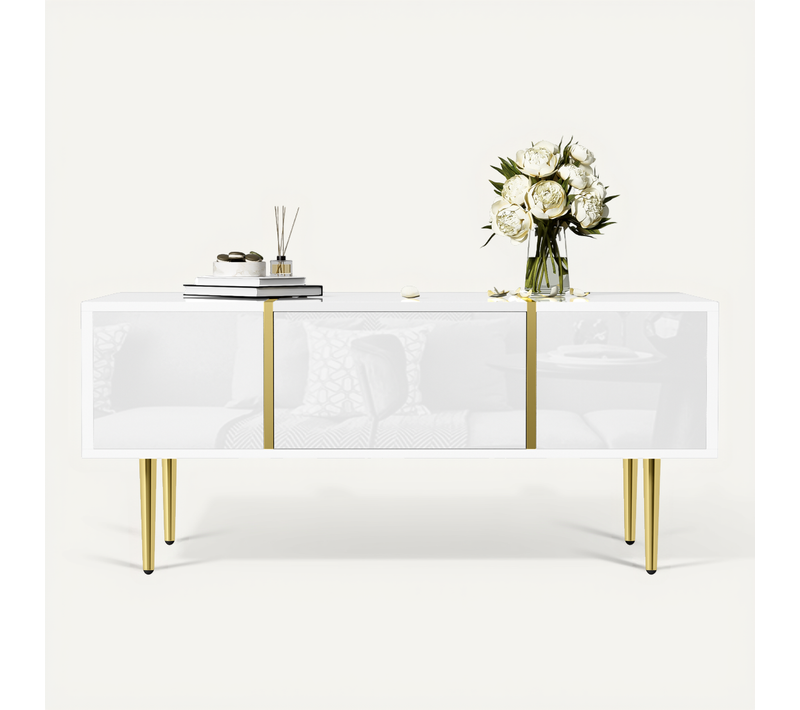 Table Basse Blanche Laquée, Moderne Et Épurée, 2 Tiroirs, Salon Contemporain