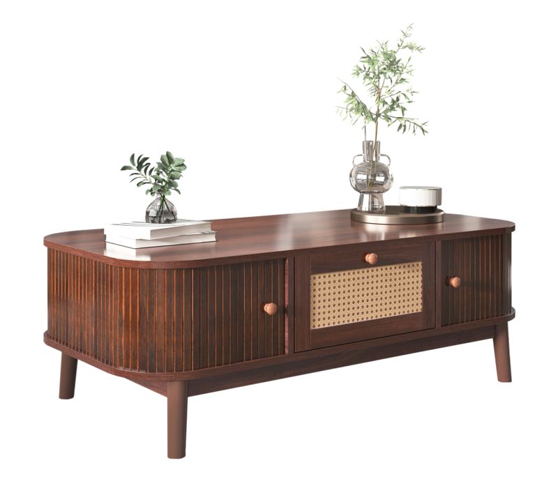 Meuble TV Bas En Bois Massif Et Rotin, 2 Tiroirs, 2 Portes Coulissantes, Pour Salon, 170 Cm, Marron