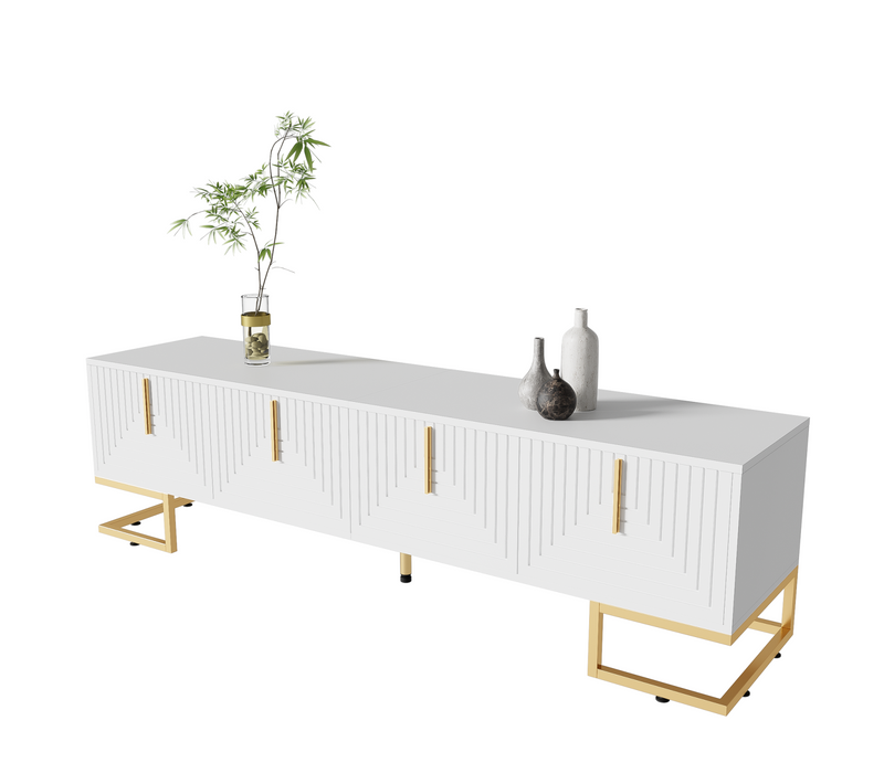 Meuble TV Bas Avec Porte Texturée, Poignées Et Pieds Dorés, Lowboard Pour Salon, 170x40x45 Cm, Blanc