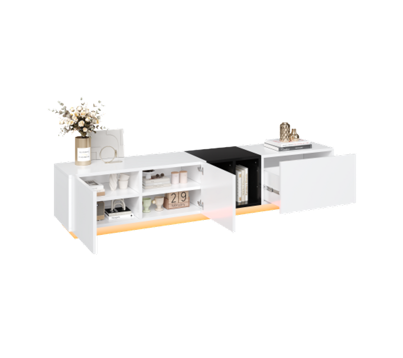 Meuble TV Moderne Noir Et Blanc – Avec Tiroirs Et Niches Ouvertes, 190 X 40 X 35 Cm, Pour Salon