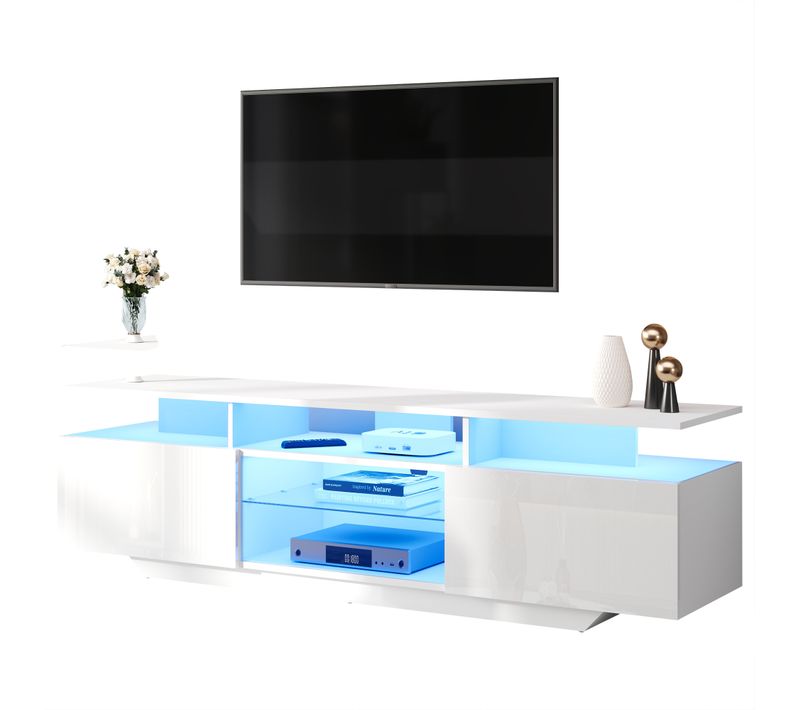 Meuble TV Bas 160×40×45 Cm Laqué Avec LED, 2 Placards, 8 Niches, Mdf, Pour TV Jusqu’à 70", Salon