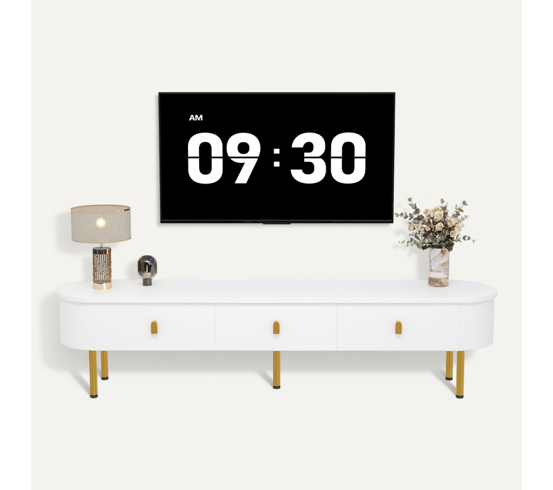 Meuble TV Lowboard Avec Tiroirs, Poignées Et Pieds Dorés, Coins Arrondis, 174 X 35 X 41 Cm, Blanc