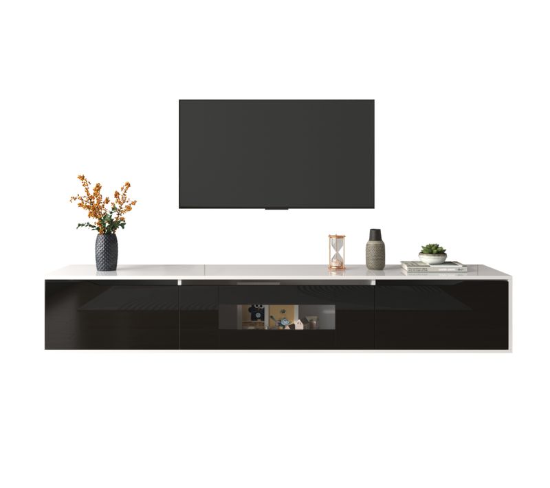 Meuble TV Brillant Noir Et Bois Avec LED Multicolore – Design Moderne Assorti, 180 X 35 X 30 Cm