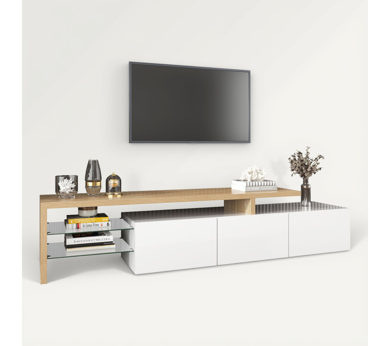Meuble TV Moderne Blanc Laqué Et Bois – LED, Étagères En Verre, Avec Rangement, 197 X 39 X 42 Cm
