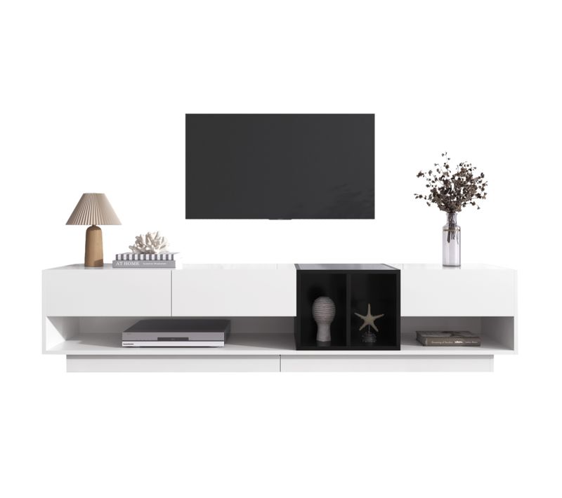 Meuble TV Bas, Moderne, Avec 3 Tiroirs Et Compartiment De Rangement Ouvert, 190 X 40 X 34 Cm, Blanc