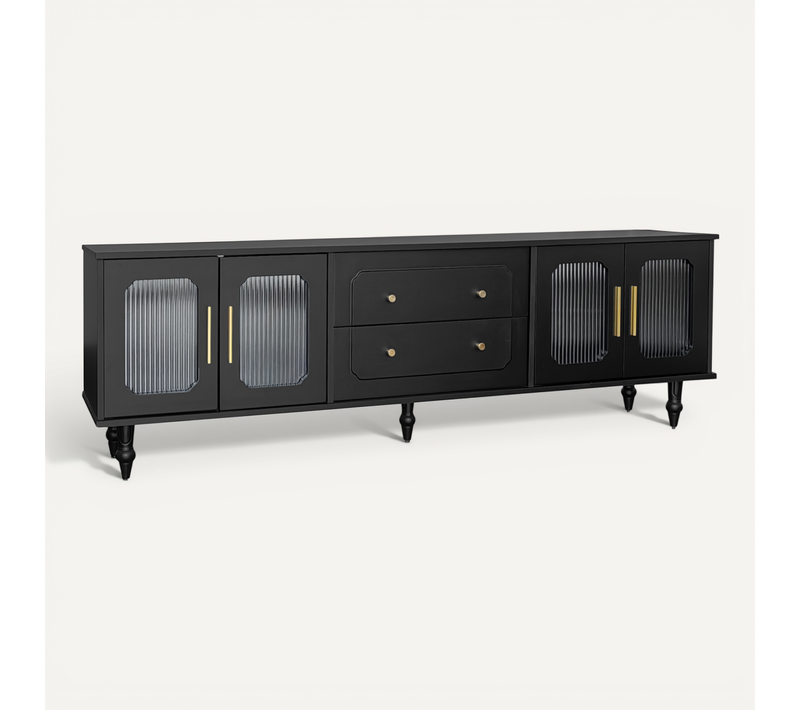Meuble TV Bas De Style Rétro Avec 6 Compartiments De Rangement, Pieds En Bois Massif, Noir