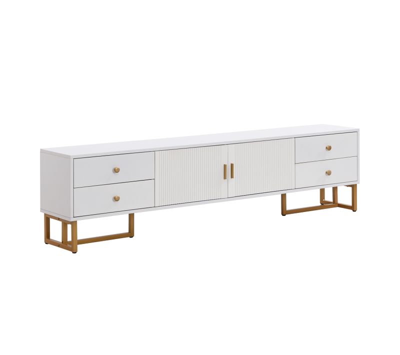 Meuble TV Avec Rangement, 2 Portes Et 4 Tiroirs, Meuble TV Bas, Pieds Et Poignées Dorés, Blanc