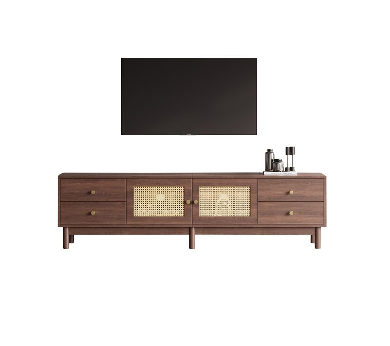 Meuble TV 180cm, Meuble TV En Rotin En Bois, Banc TV Avec 4 Tiroirs Et 2 Portes, Style Rétro, Marron