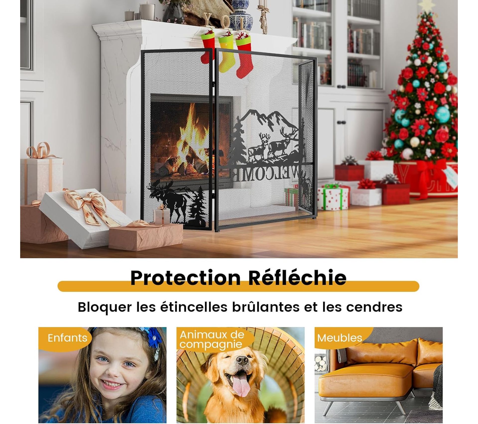 LIFEZEAL Pare-Soleil Cheminée Pliable 127x74cm - Grille Protection Métal Avec Motif Fleuri Noir