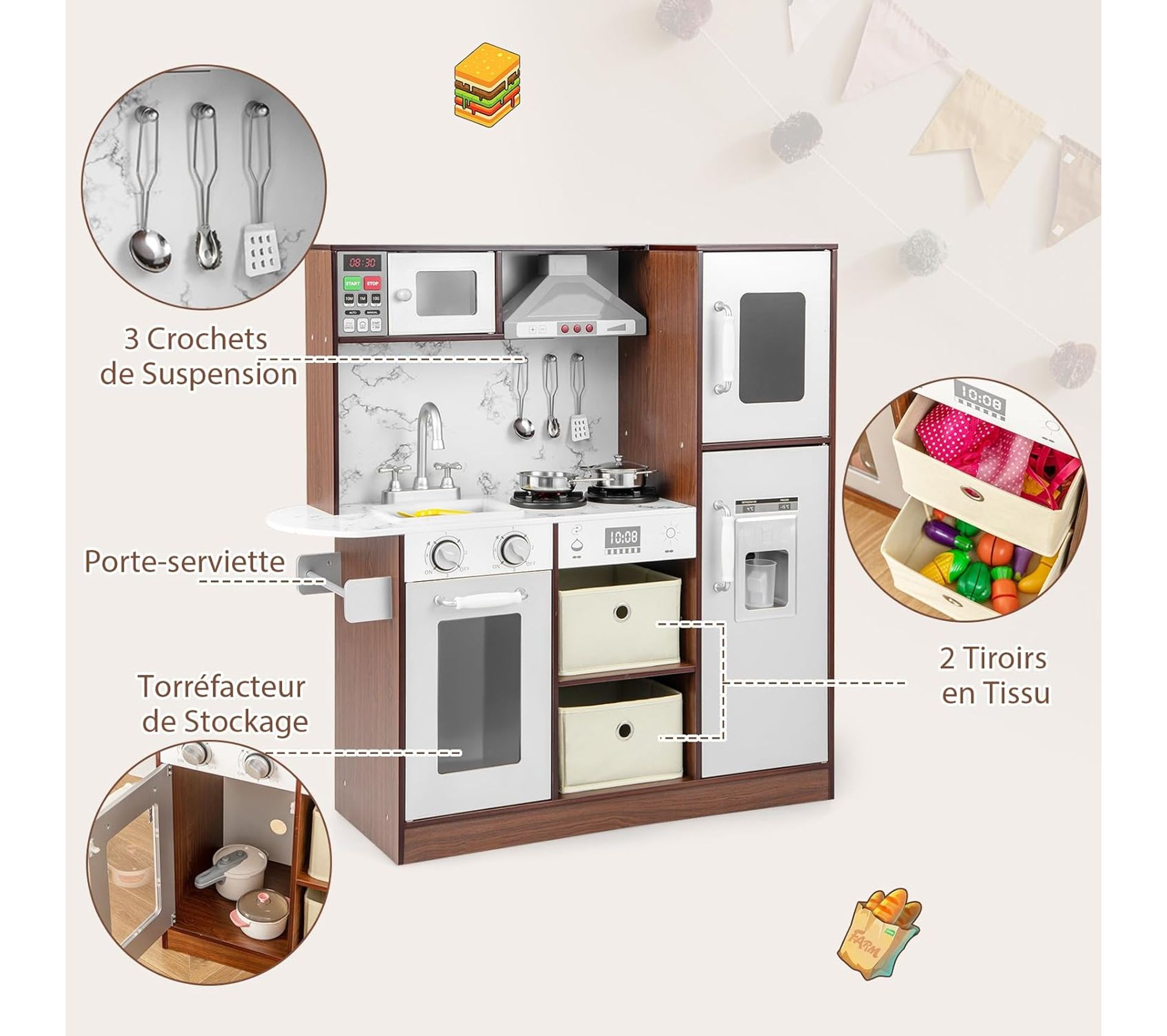 Cuisine D'angle Enfant COSTWAY Avec Lumière Et Sons - Tableau Noir, Micro-ondes, 9 Accessoires