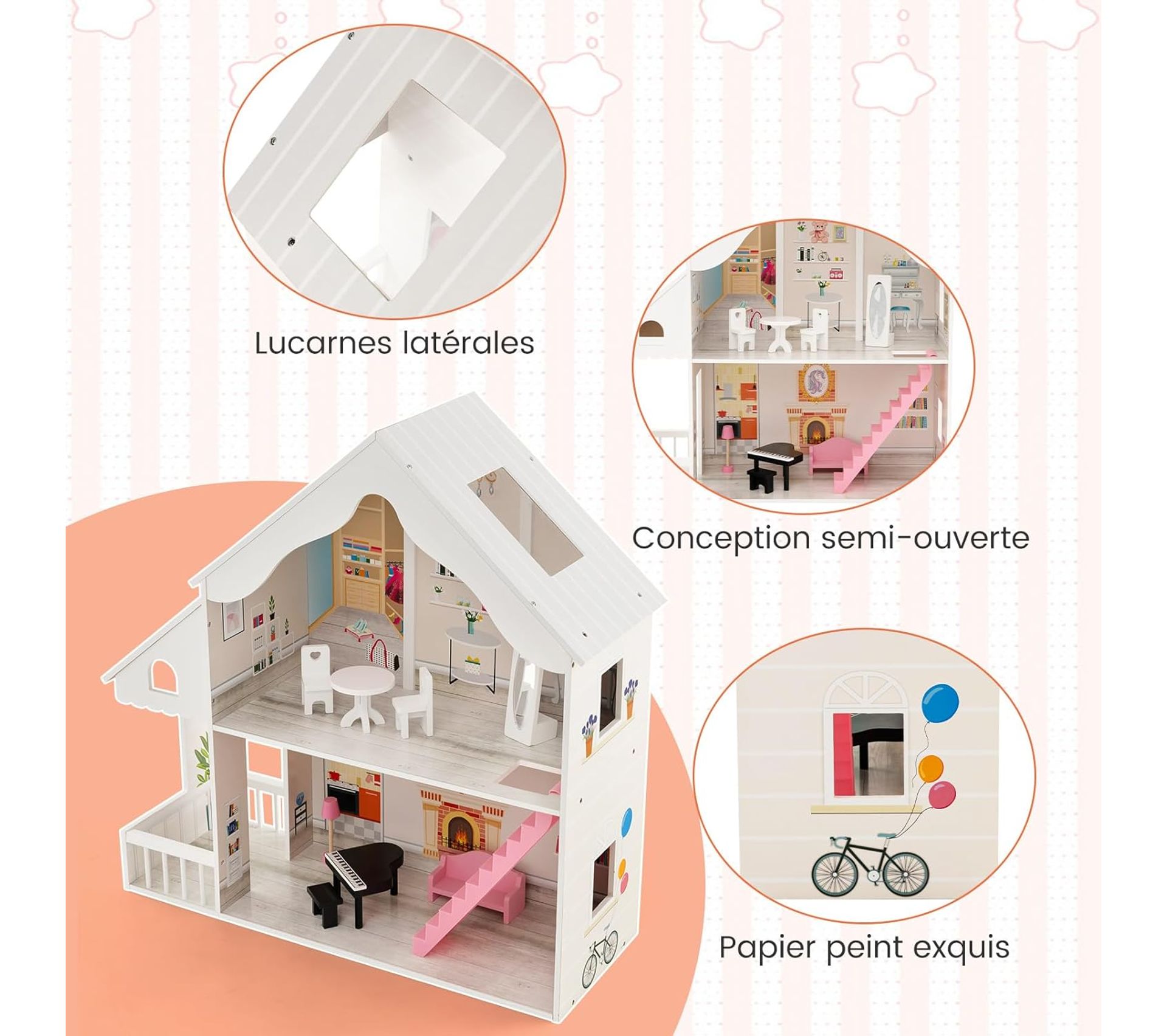 Maison De Poupée En Bois COSTWAY 3 Étages - Avec 8 Accessoires - Pour Enfants Dès 3 Ans