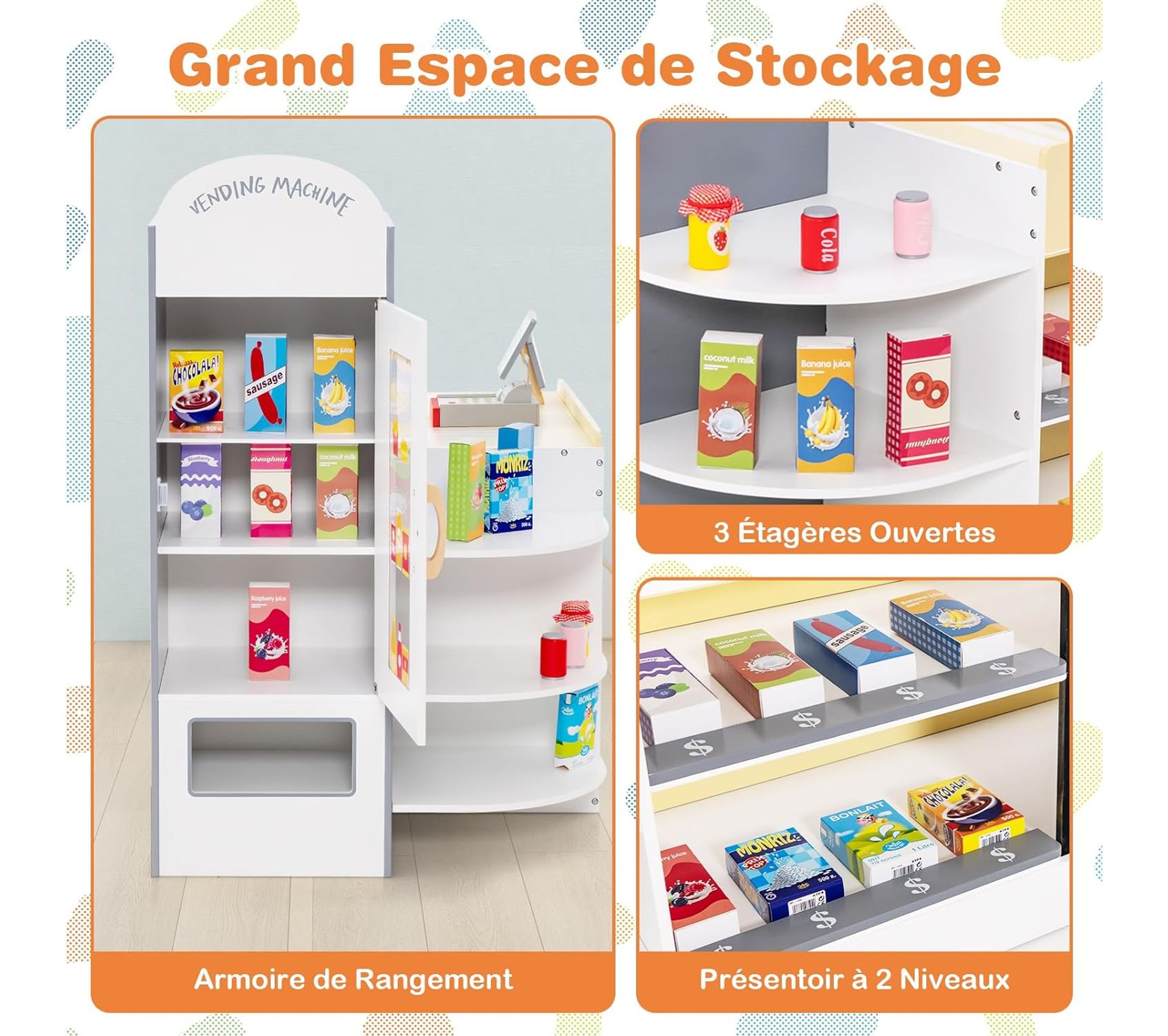 Superette Jouet En Bois Avec Lumières LED, Chariot Et 39 Accessoires – Pour Enfants 3 Ans Et + – Jeu D'imitation Marché, Caisse Enregistreuse Réaliste
