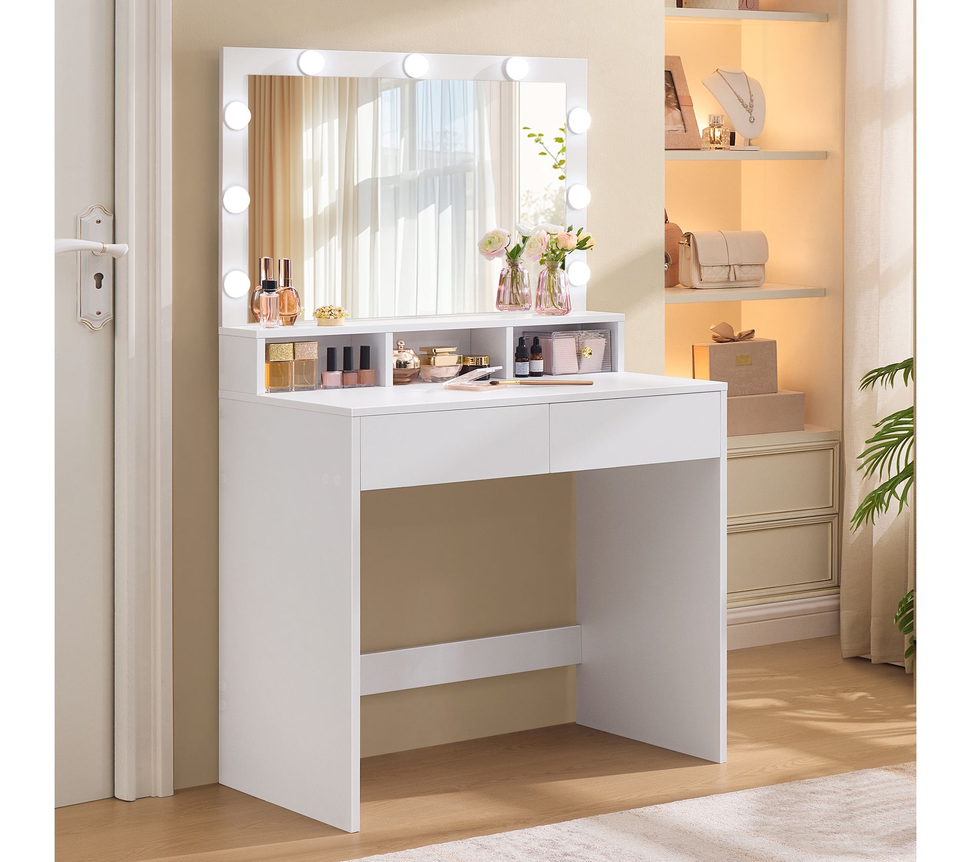 Coiffeuse Avec Miroir Pliable – 3 Tiroirs, Rangement Séparé, 100x40 Cm, Bois Naturel Et Blanc
