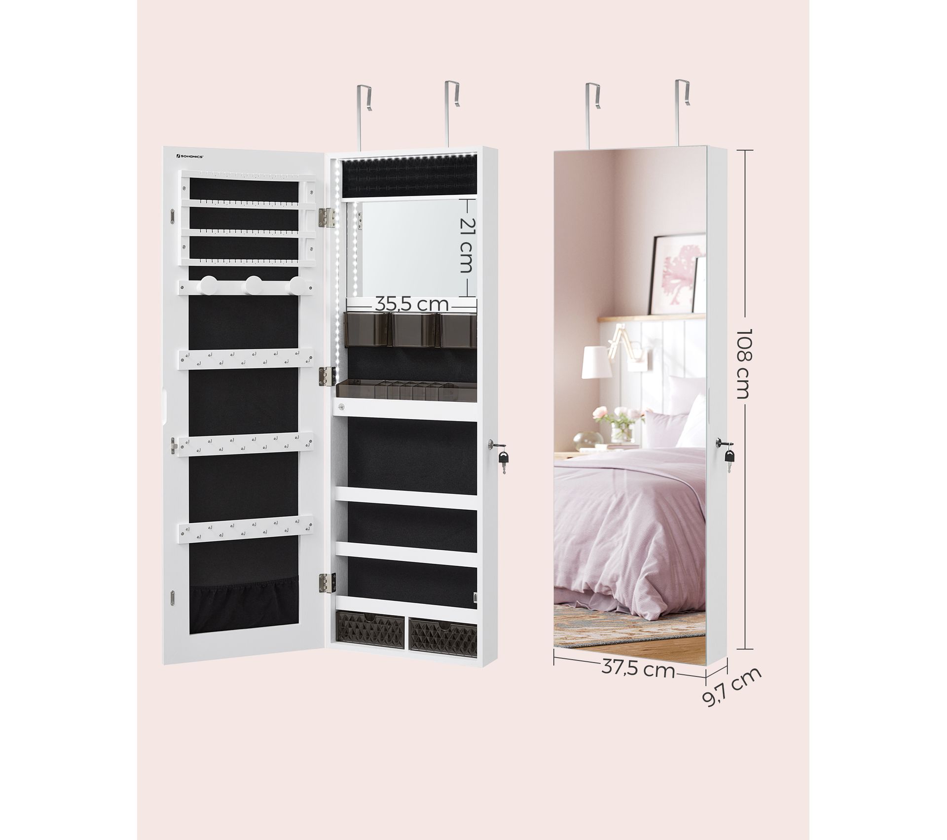 Armoire à Bijoux Avec Miroir Et LED – 6 étagères, 2 Tiroirs, Rangements Organisés – Verrouillable – Blanc – Design élégant