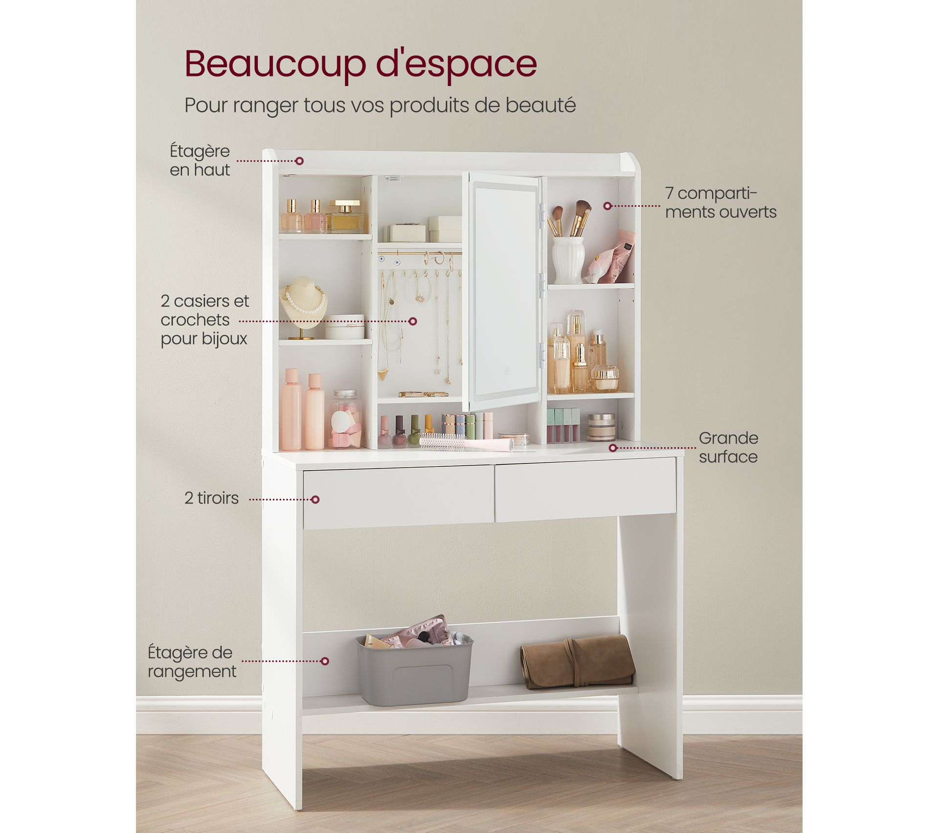 Coiffeuse Blanche Avec Miroir Et Lumières LED - Tiroirs Et étagères - Meuble Chambre Moderne (Modèle S1)