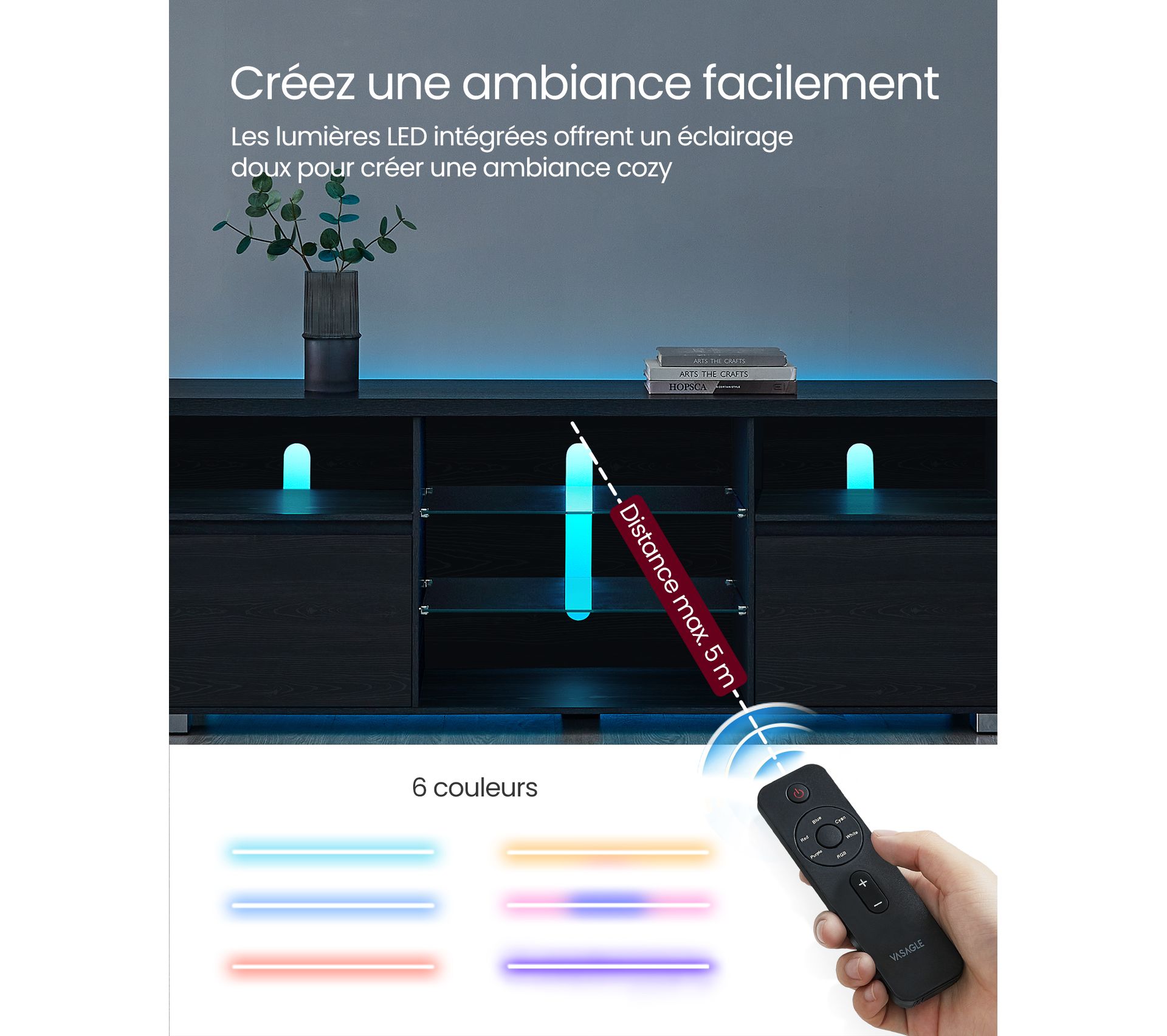 Meuble TV Avec LED 20 Couleurs - Pour TV Jusqu'à 65" (Largeur ≤145cm) - Noir, 134.8x44.5cm - Rangement Consoles & Décodeurs