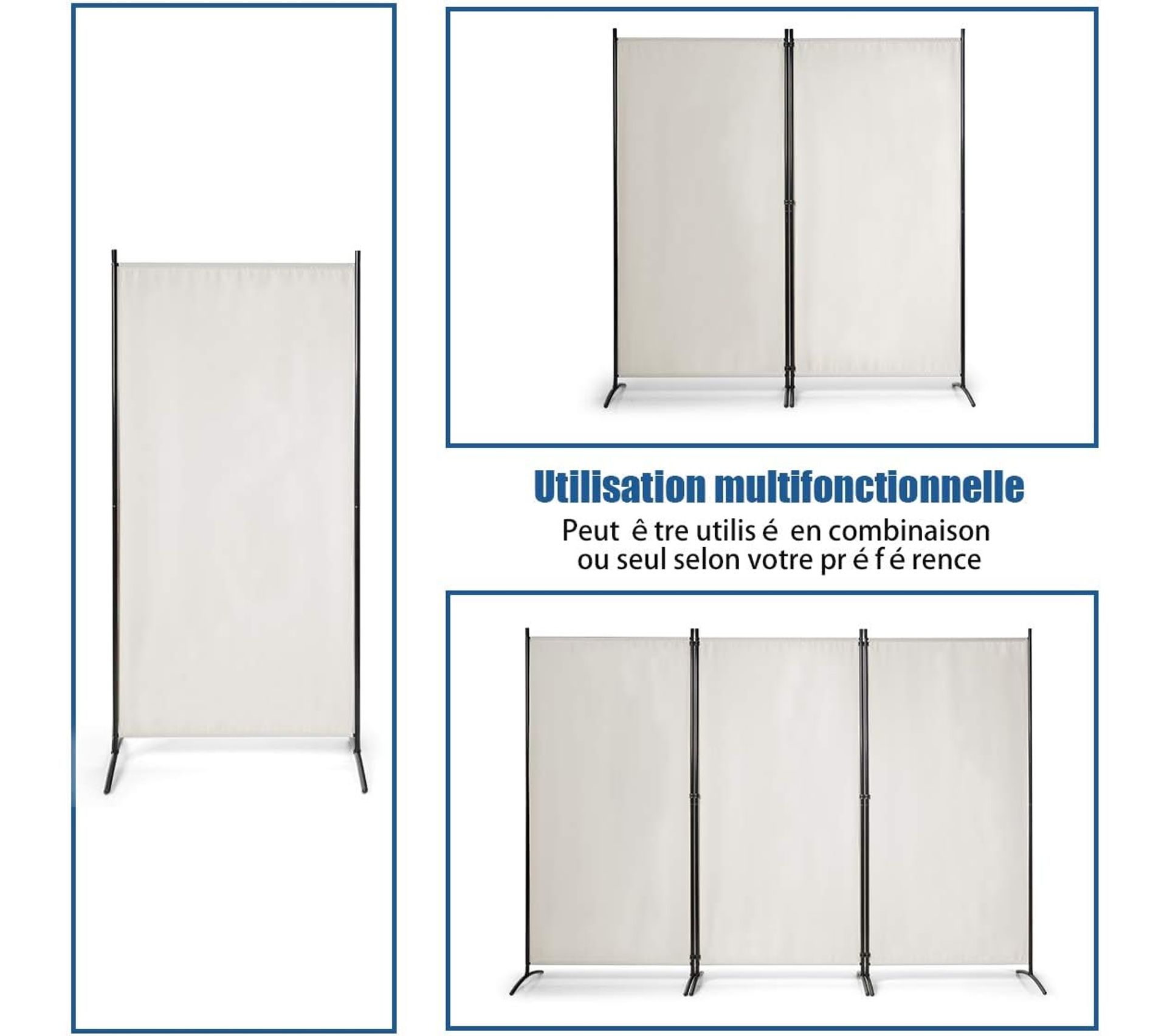 Paravent Sur Roulettes Eikuavons - 4 Panneaux 228 X 181 Cm Beige - Pliable, Déplaçable, Pour Salon, Bureau, Chambre
