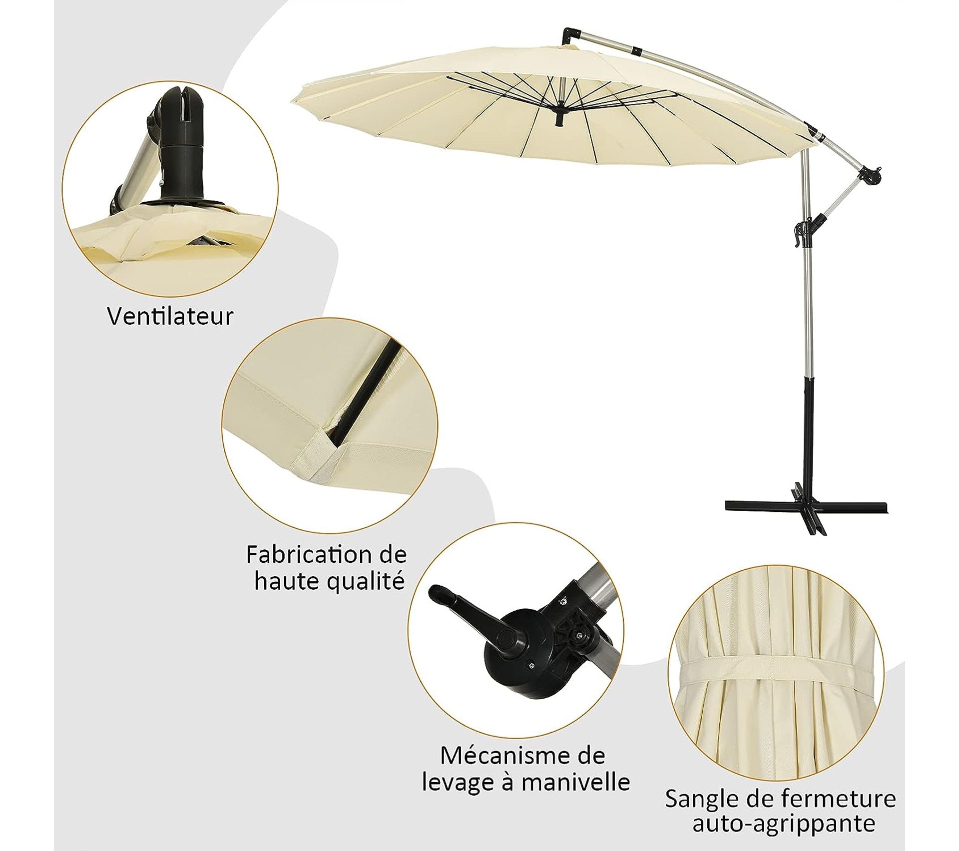 Parasol De Jardin Déporté D.300CM-Parasol Patio Inclinable 24 LED Solaire Poteau Metallique Avec Manivelle Bleu 91117516